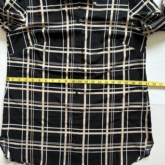 Susan Graver Blouse Top Plaid Button Down Relaxed Black Tan Small Classic Office - Picture 9 of 11